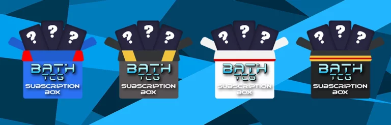 Geometric background containing the 4 different images for the Pokemon TCG Subscription Boxes