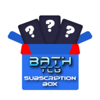 A box in the design of a Great Ball with the Bath TCG logo on it, text saying Subscription Box and mystery products coming out of the top of the box