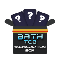A box in the design of a Luxury Ball with the Bath TCG logo on it, text saying Subscription Box and mystery products coming out of the top of the box