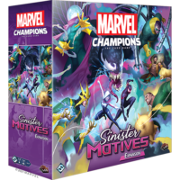 A box containing images of Spiderman, Venom and other characters from the Spiderman universe. The box contains the items for the Sinister Motives Expansion Set