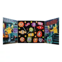 A box with an image of Pikachu and halloween themed pokemon. The box opens up to display countdown windows to Halloween