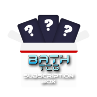 A box in the design of a Premier Ball with the Bath TCG logo on it, text saying Subscription Box and mystery products coming out of the top of the box