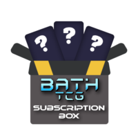 A box in the design of a Ultra Ball with the Bath TCG logo on it, text saying Subscription Box and mystery products coming out of the top of the box