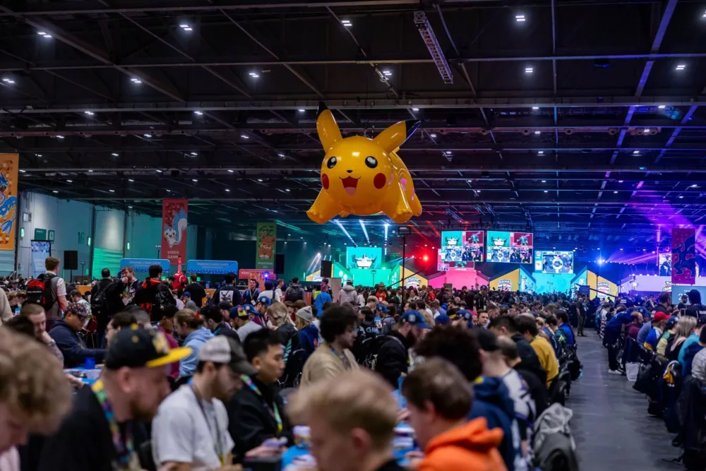 full view of the ExCel hall filled with Pokémon fans